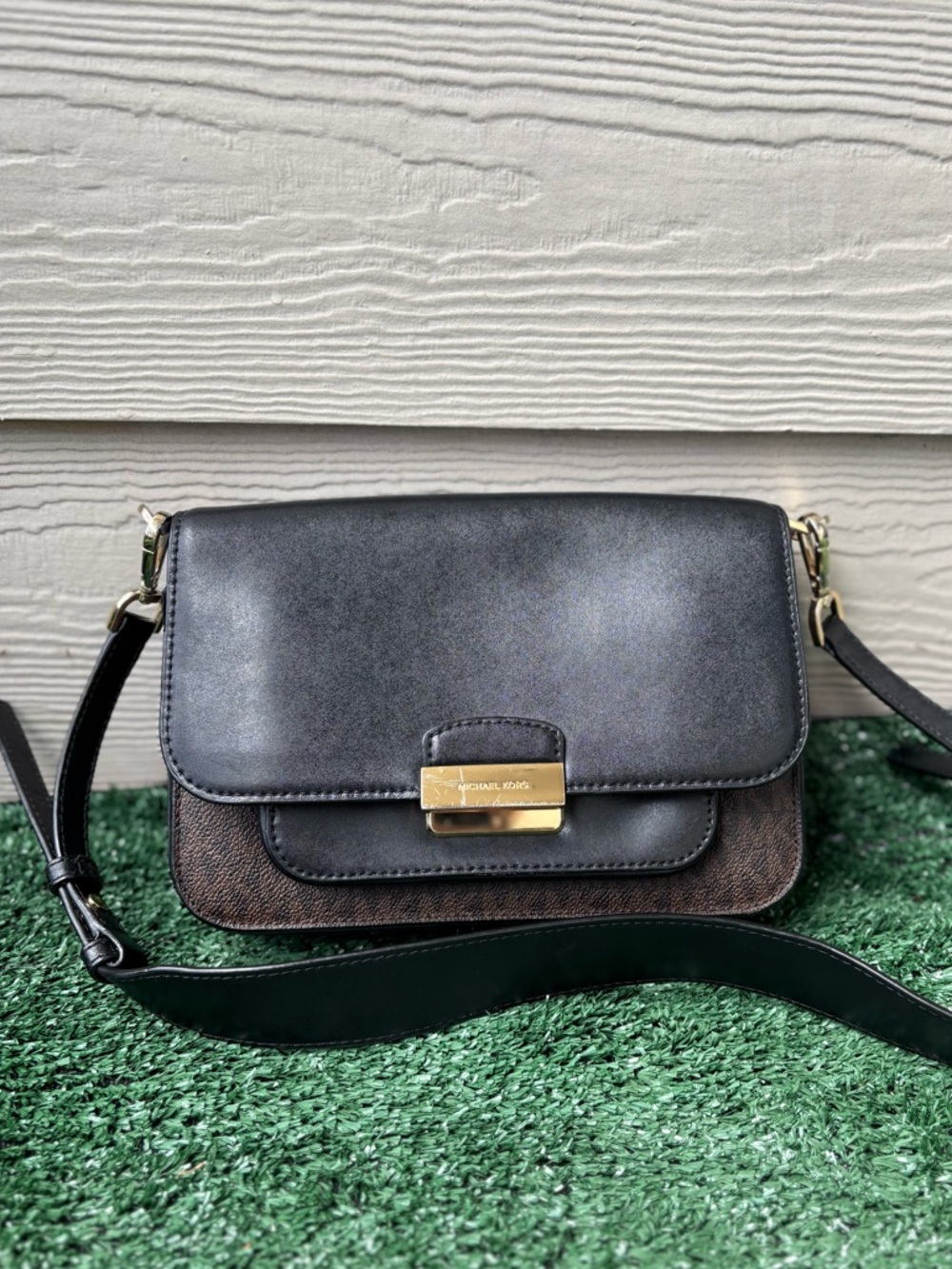 Michael Kors Black and Brown Leather Crossbody with Gold Hardware